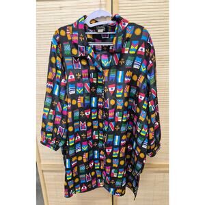 Vintage Irene Kaszik Blouse 18W Colorful Flag Print Button Front